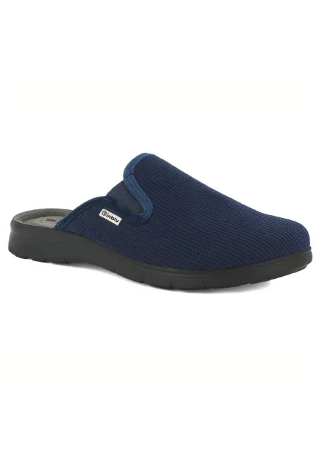 Удобни чехли - сини - мъжки - сини райета - с ластик - кожена подметка