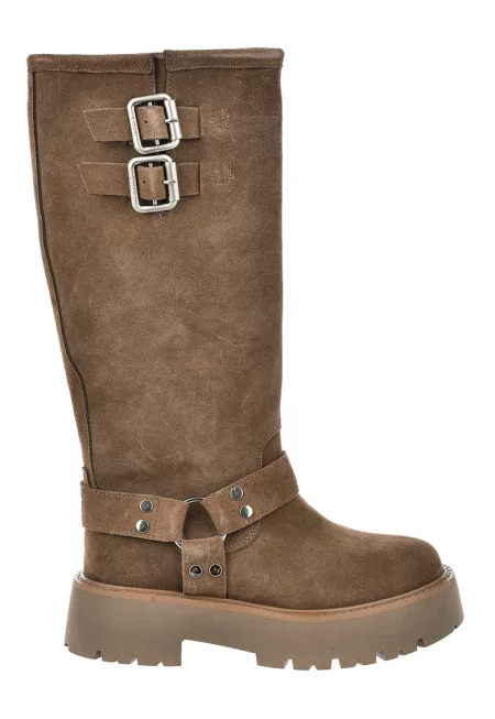 Велурени ботуши с масивен ток - Сиво-кафяв