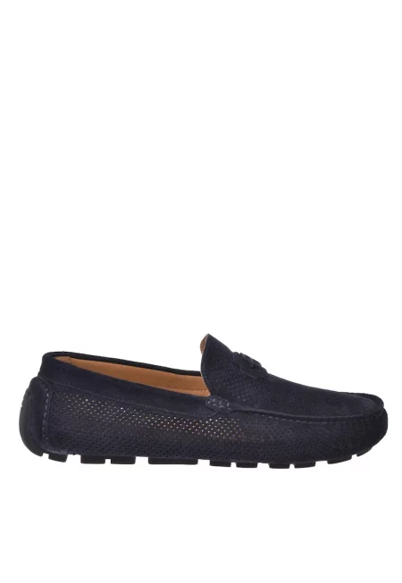 Велурени мокасини с перфорации - Тъмносин