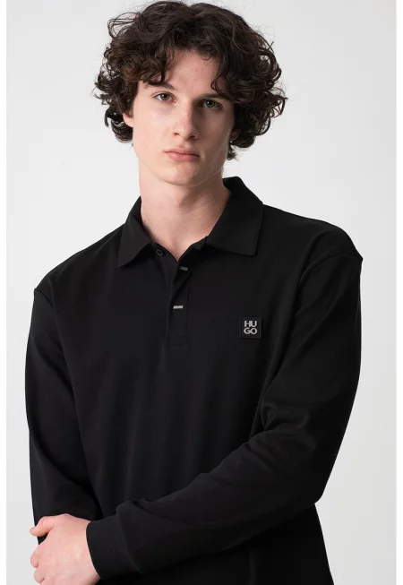 Блуза с яка и лого - Черен