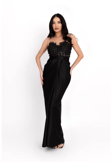 Дълга рокля с флорални апликации - Черен