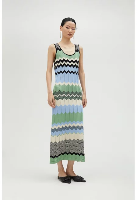Дълга рокля с модал и цепка встрани - Черен/Светлозелен/Светлосин