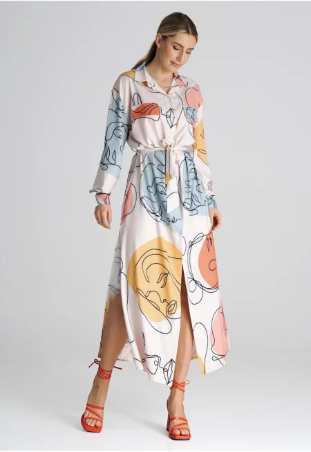 Дълга рокля тип риза  M1000 - с колан - многоцветна - 97% полиестер - 3% еластан -