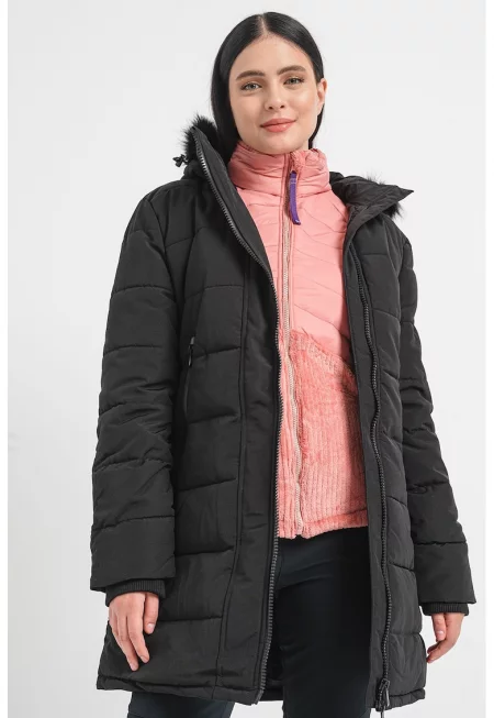 Дълго зимно яке Autruche с еко пух - вата и качулка - Черен