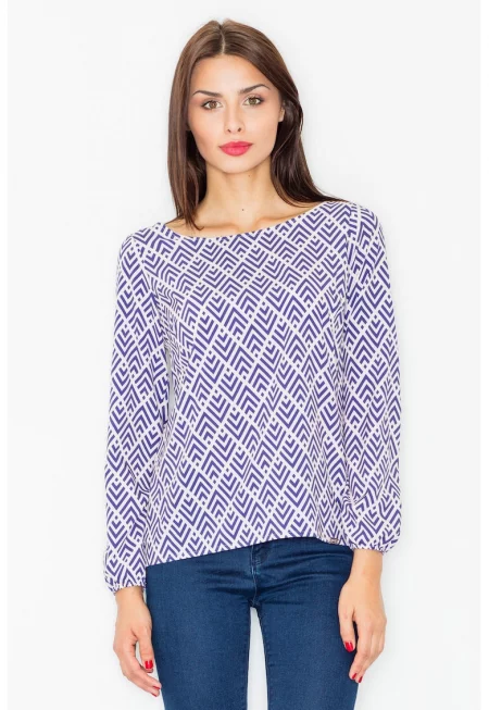 Дамска блуза -  Полиестер/Еластан - Геометричен модел - Бяло/Синьо -