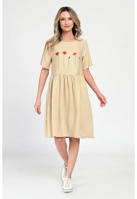 Дамска средна рокля - Ежедневна - Бежова V308
