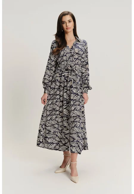 Десенирана рокля-риза с модал - Слонова кост/Тъмносин