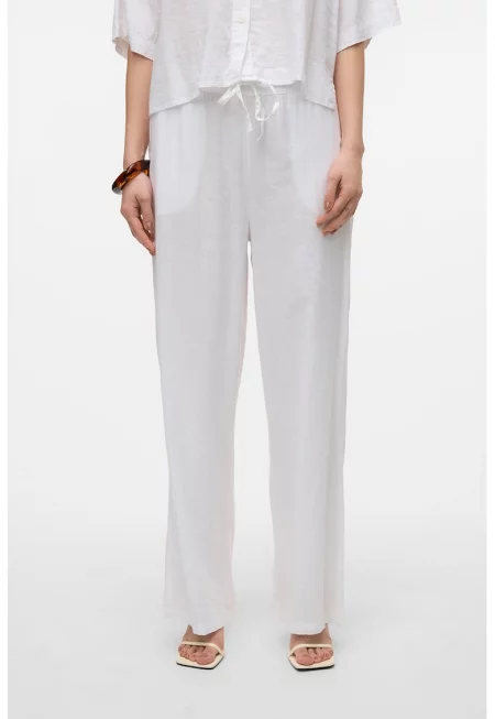 Ефирен панталон с лен и връзка - Мръснобял