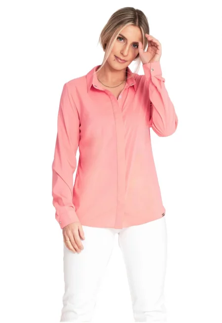 Елегантна риза  модел с яка - дълъг ръкав - коралов цвят - полиестер-еластан