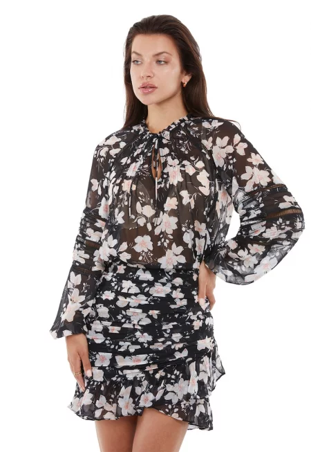 Флорална блуза от шифон - Бял/Черен