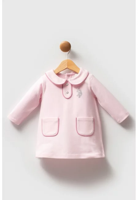Къса памучна рокля с дълги ръкави - Пастелнорозов