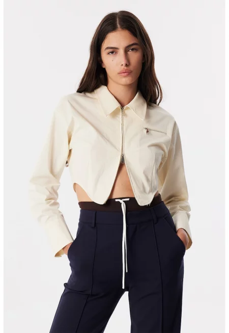 Къса риза с цип - Светло бежово