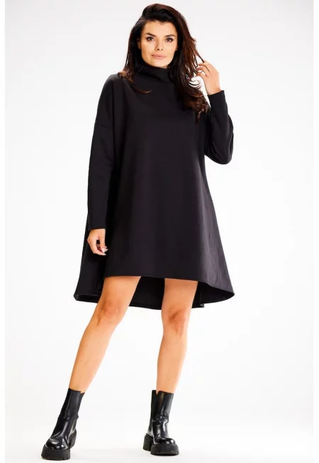 Къса рокля с дълъг ръкав - с кръгло деколте - асиметрична A609