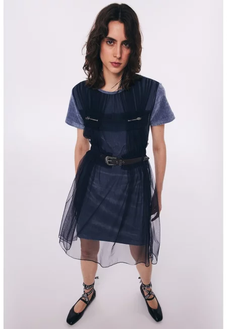 Къса рокля с овално деколте - Тъмносин