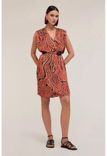 Къса шпиц рокля - Кафяв/Аленочервен