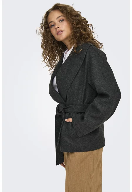 Късо палто с връзка - Меланж тъмно сиво