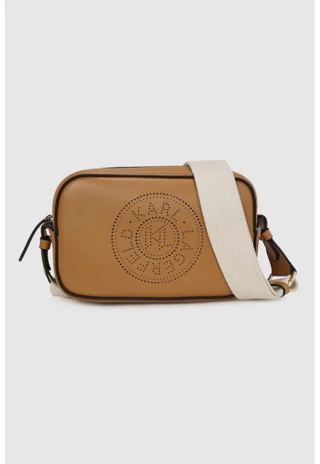 Кожена чанта през рамо с лого - Карамел