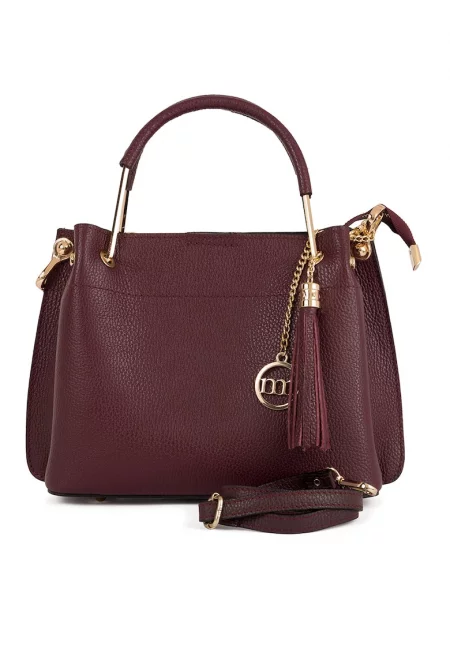 Кожена чанта с пискюл - Бордо