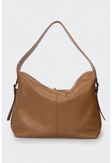 Кожена чанта за рамо с регулируема презрамка - Светлокафяв