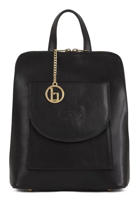 Кожена раница Elsa с преден джоб с капаче - Черен