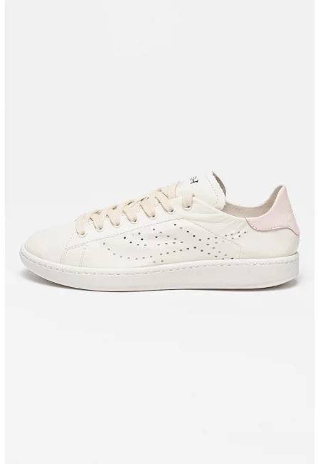 Кожени спортни обувки Super с перфорирано лого - Пастелнорозов/Мръснобял
