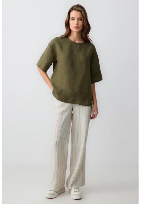 Ленен панталон с широк крачол - Слонова кост