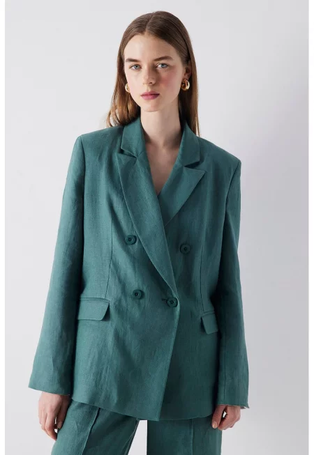 Ленено сако с двуредно закопчаване - Тъмнозелен