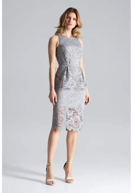 Миди рокля  от дантела - полиестер - сив цвят