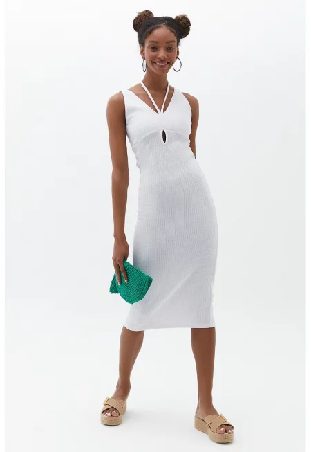 Миди рокля с връзки - Бял