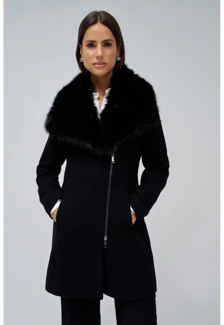 Палто Grace с вълна и яка от еко пух - Черен