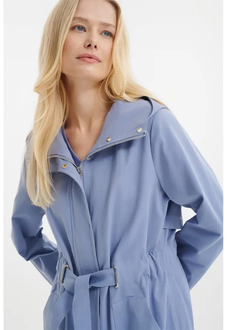 Палто с качулка и колан - Пастелносин