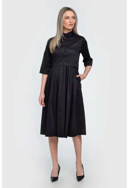 Памучна рокля Oprah с плисе и джобове - Черен