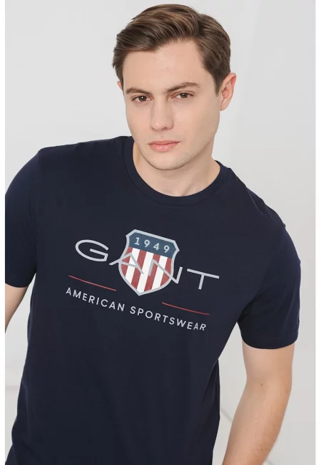 Памучна тениска с лога - Тъмносин