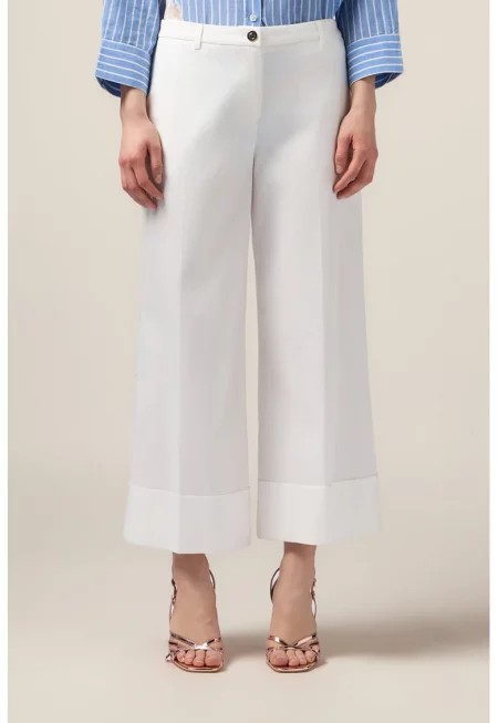 Панталон с широк крачол с висока талия - Бял