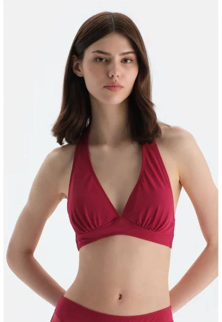 Подплатено горнище на бански с халтер деколте - Бледочервен