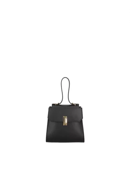 Ръчна кожена чанта с капаче - Черен