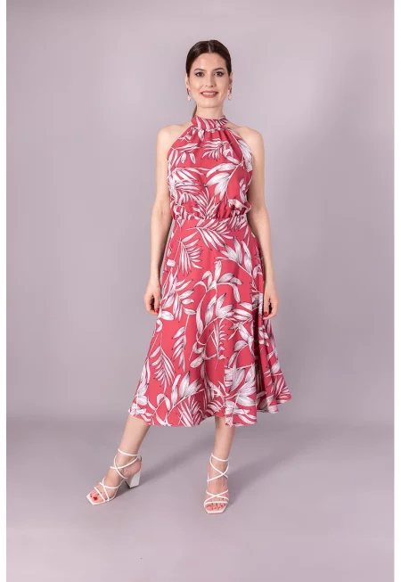 Разкроена флорална рокля - Бял/Червен