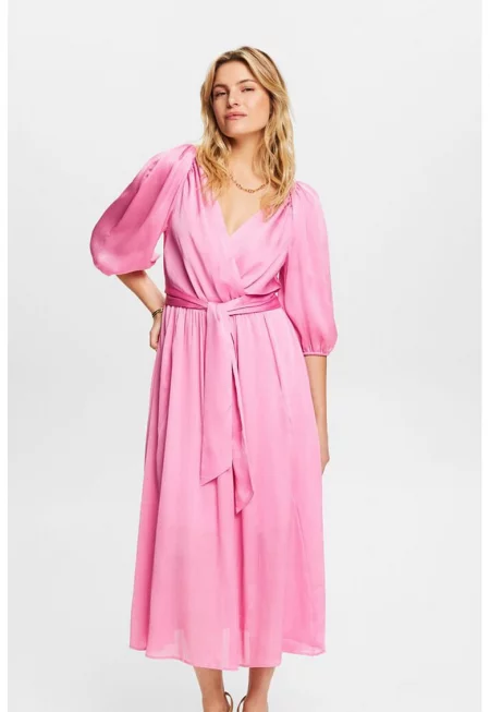 Разкроена рокля с бухнали ръкави - Светлорозов