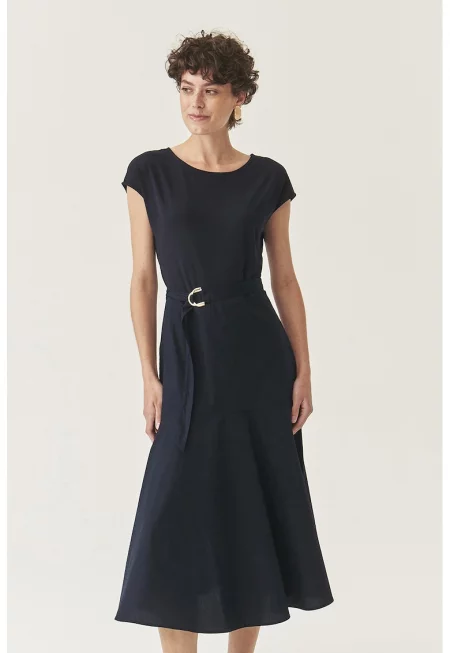 Разкроена рокля с колан - Ултрамарин синьо