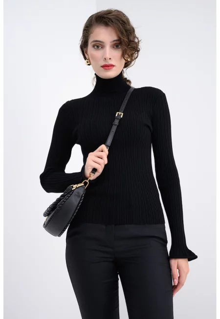 Рипсен слим пуловер с висока яка