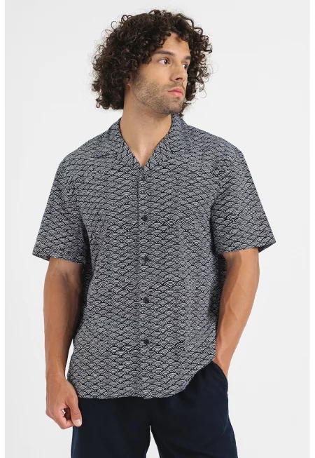 Риза с лен с ревери - Бял/Ултрамарин синьо