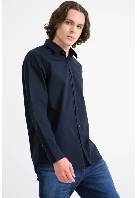 Риза с памук и класическа яка - Ултрамарин синьо