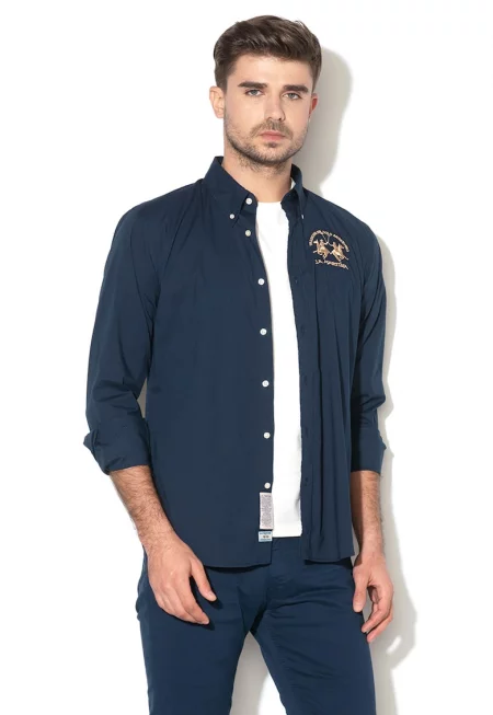 Риза със стандартна кройка и бродирано лого - Златист/Тъмносин