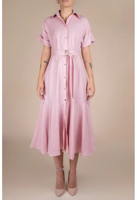 Rochie-camasa midi cu volane si cordon in talie