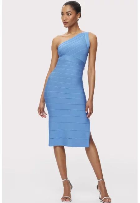 Rochie midi cu umarul gol si efect de sculptare a siluetei - Син