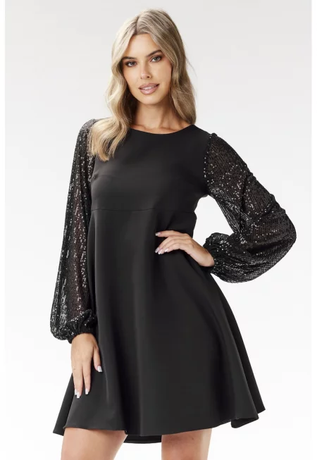 Рокля  ръкави с пайети - черен - полиестер-еластан
