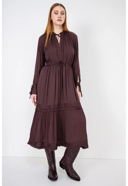 Рокля с колан - Коняк кафяв