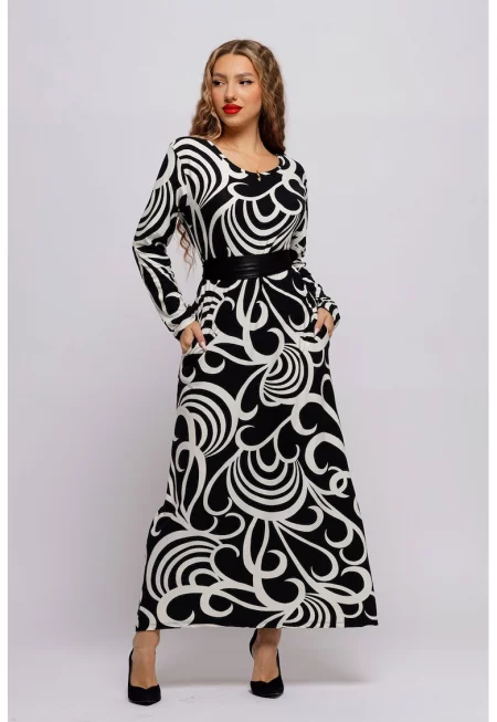 Рокля с принт и джобове - Черен/Бял