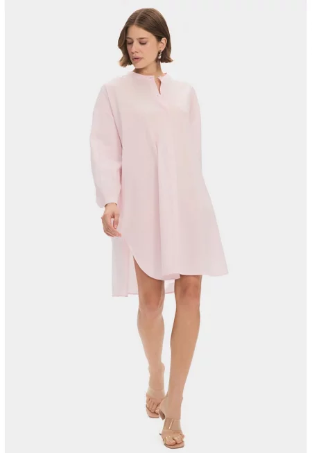 Рокля тип риза с джобове - Бледо розово