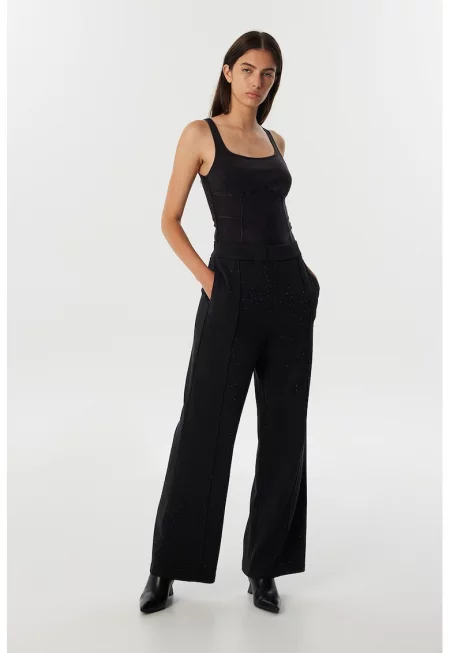 Широк панталон с декоративни камъни - Черен